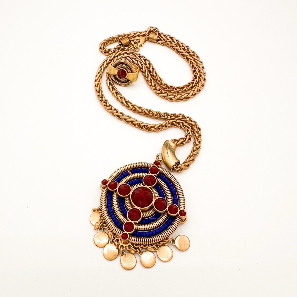 Elegant Gold, Blue and Red Pendant Necklace and matching Ring